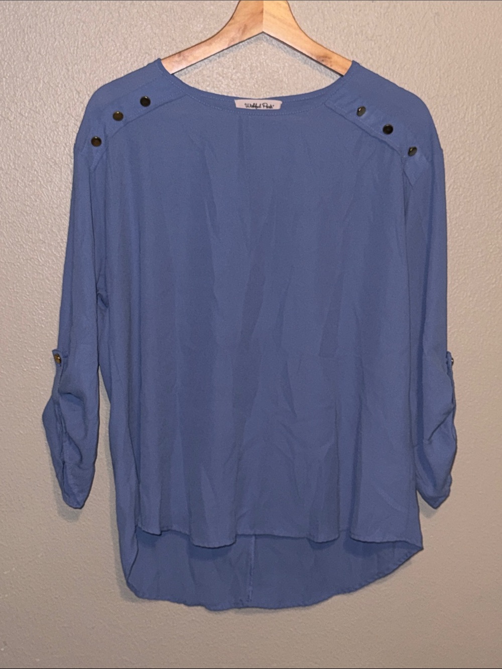 Wishful Park Blue Roll-Tab Button-Shoulder Blouse